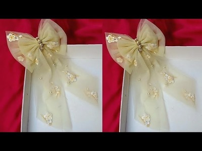 DIY lovely net fabric bow with pearl beads for party hair clip | DIY hair accessories