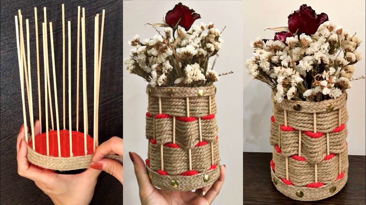 Jute rope and Wooden Sticks for Making a Great Vase. DIY Craft