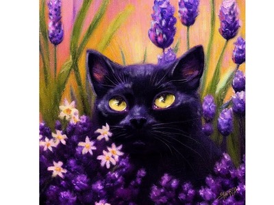 Lucky Black Cat in Flowers ???????? How to paint acrylics for beginners: Paint Night At Home