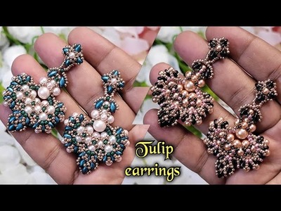 Tulip earrings tutorial.Superduo and pearls earrings tutorial.DIY beaded earrings