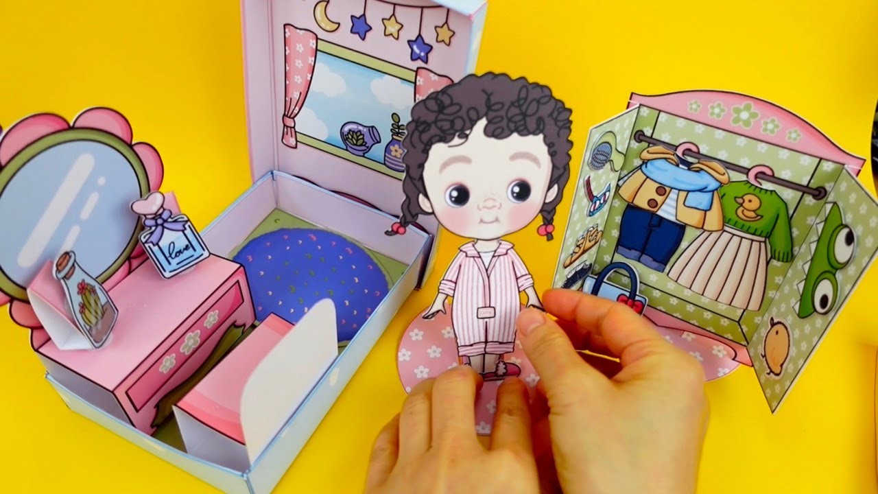 How to make Printable paper doll & dollhouse DIY project box house. Paper doll dress up