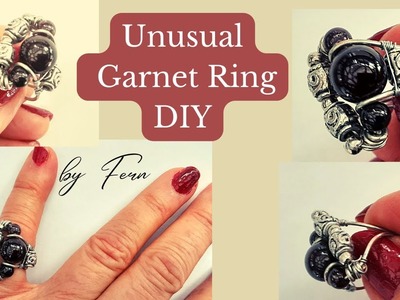 Unusual Garnet Ring.Wire Wrap.Oriental metal Beads.Garnet January Birthstone DIY Ring.Free Tutorial