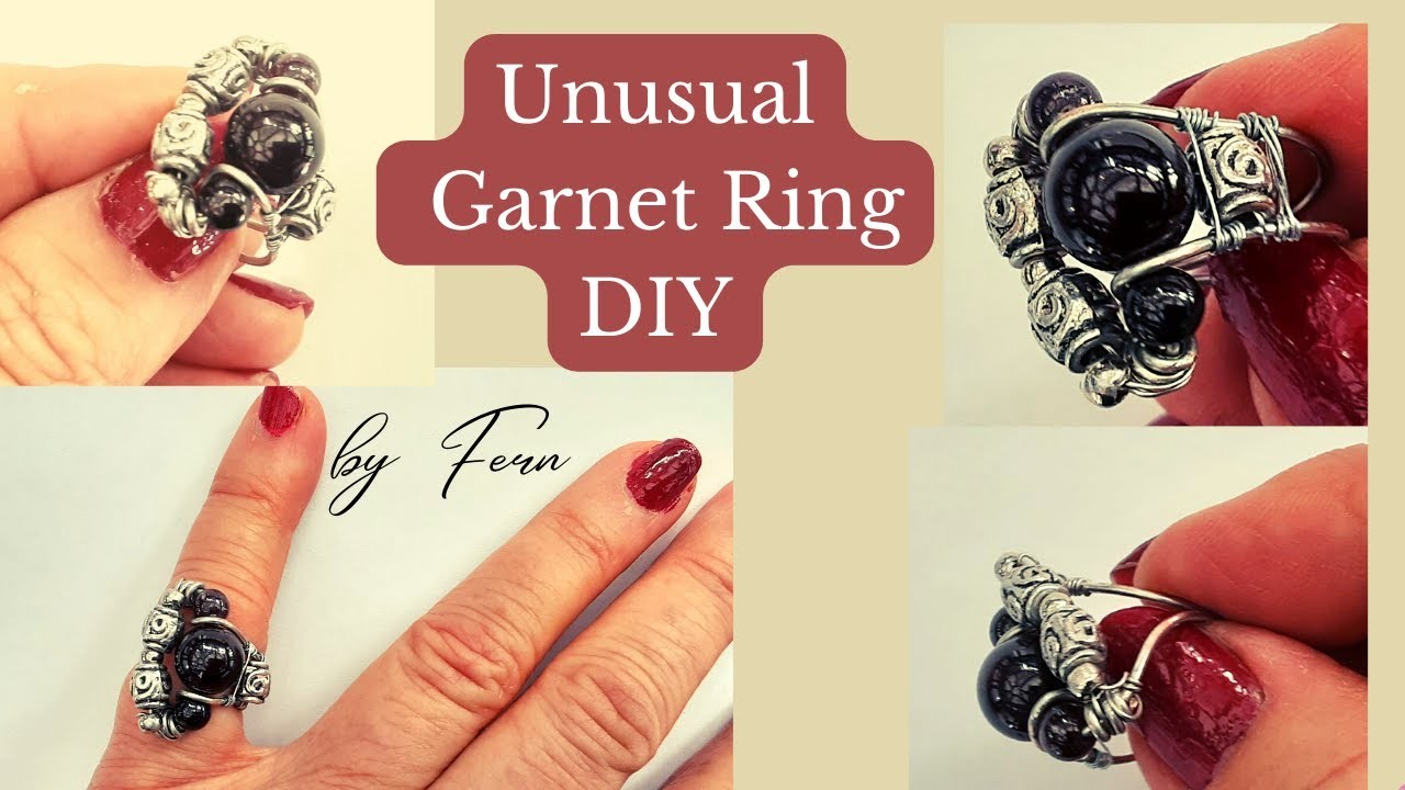 Unusual Garnet Ring.Wire Wrap.Oriental metal Beads.Garnet January Birthstone DIY Ring.Free Tutorial