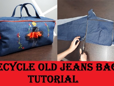 DIY tote from old jeans.how to sew a denim travel bag.Amazing hand embroidery #Embroidery #oldjeans