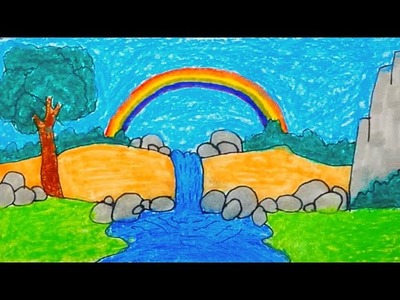 Easy Rainbow and waterfall Scenery Drawing | Oil Pastel Drawing Tutorials | Rainbow Drawing
