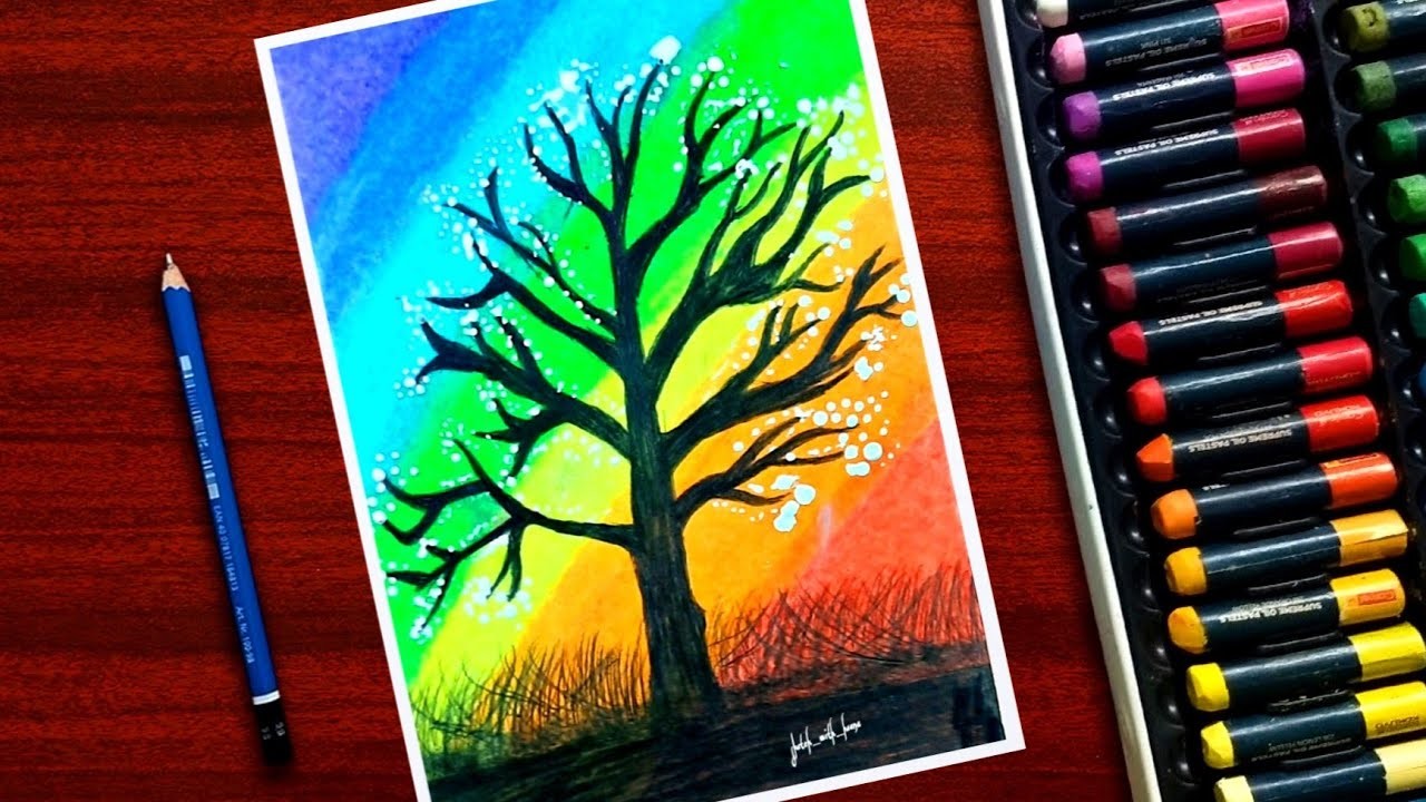 Easy Rainbow Tree Drawing with Oil Pastels | sketch_with_heena