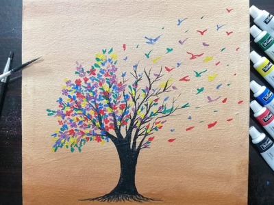 Rainbow tree painting tutorial. Tree and birds acrylic painting. Acrylic painting for beginners