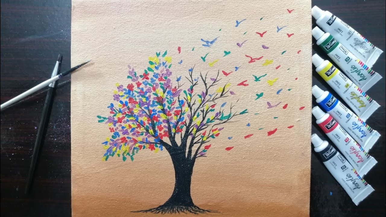 Rainbow tree painting tutorial. Tree and birds acrylic painting. Acrylic painting for beginners