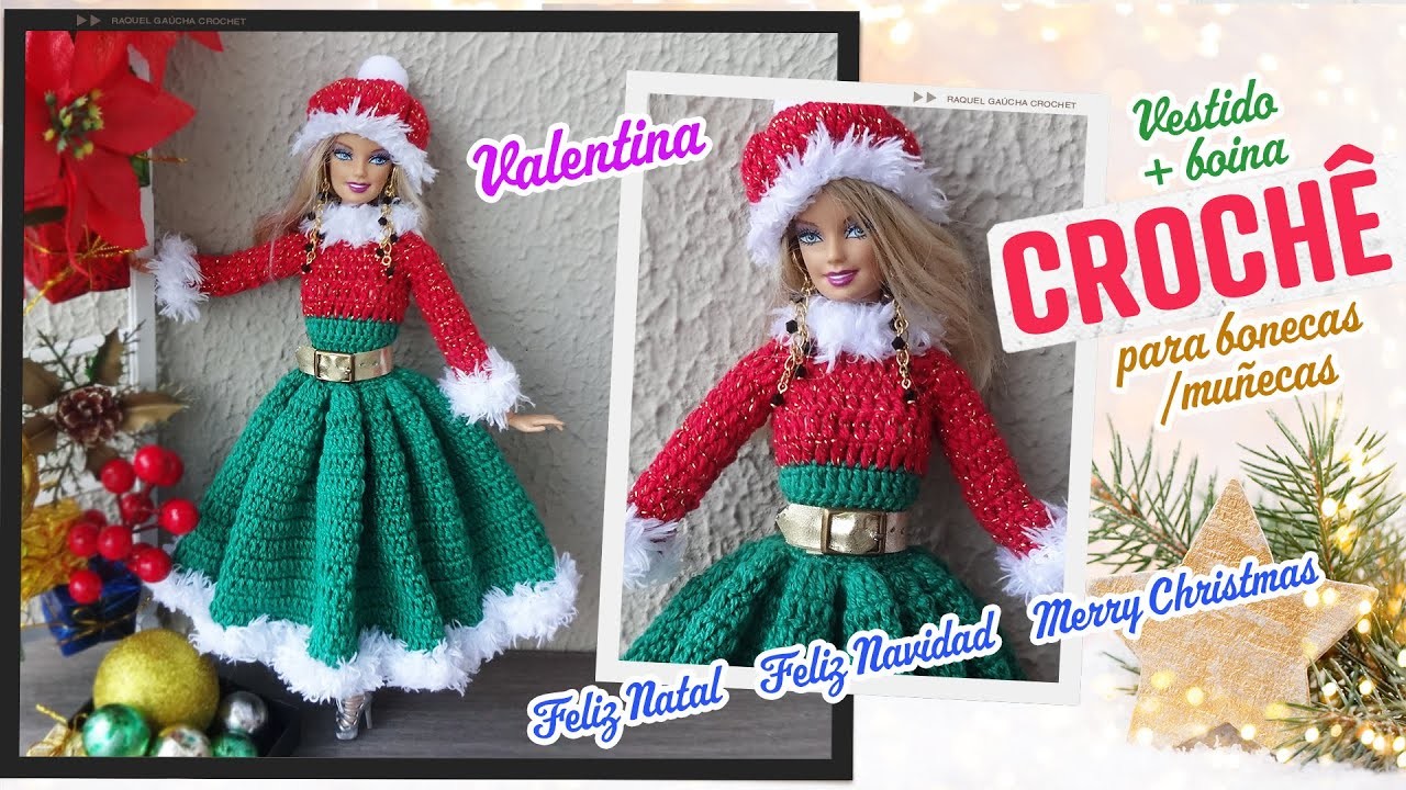 Vestido e boina Mamãe Noel em crochê para Barbie ???? Valentina