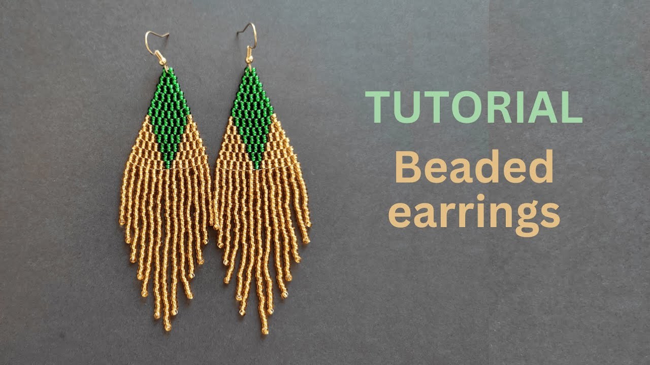 Diy how to make long seed bead earrings, green gold beaded earings, beading tutorial