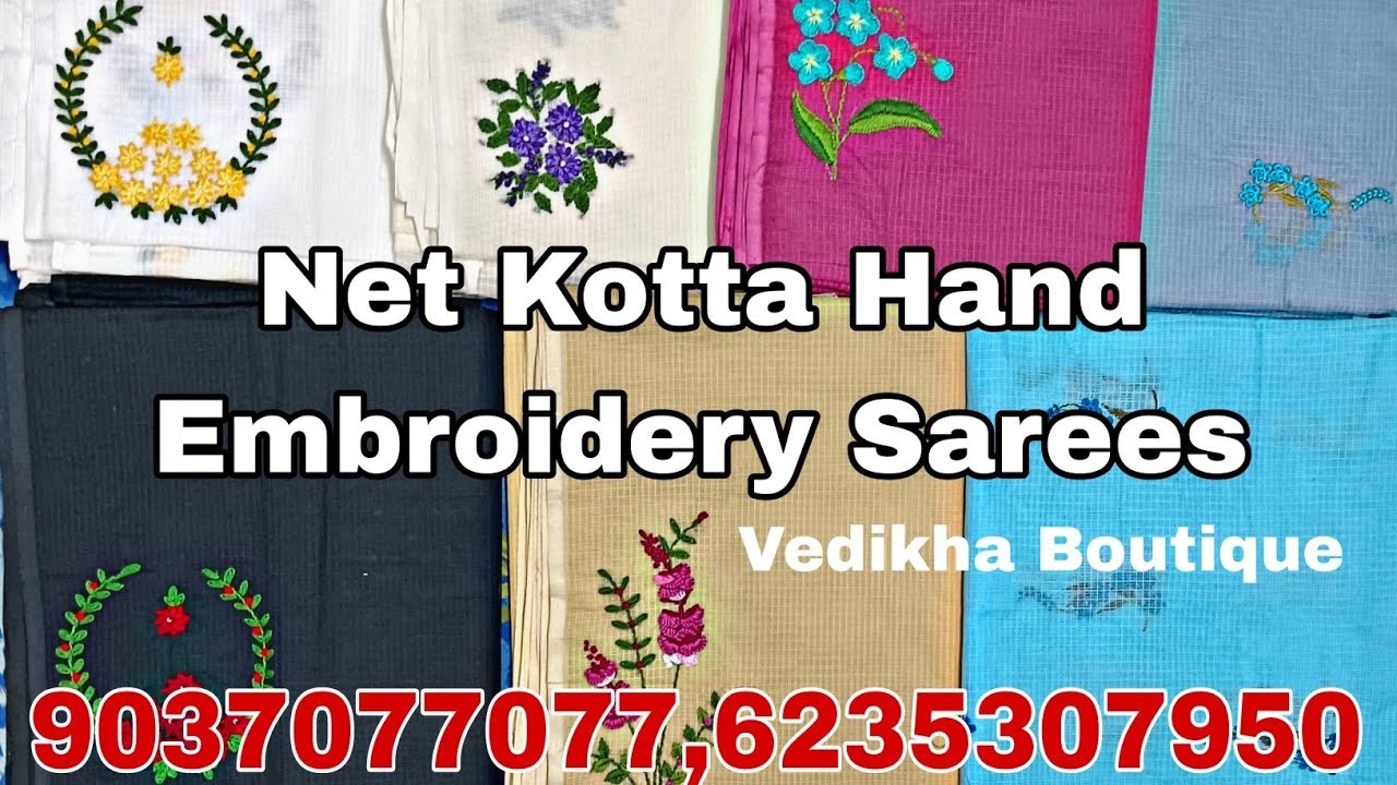Hand Embroidery Net Kotta Sarees with Flower Bunch Design for Daily Wear from Vedikha Boutique