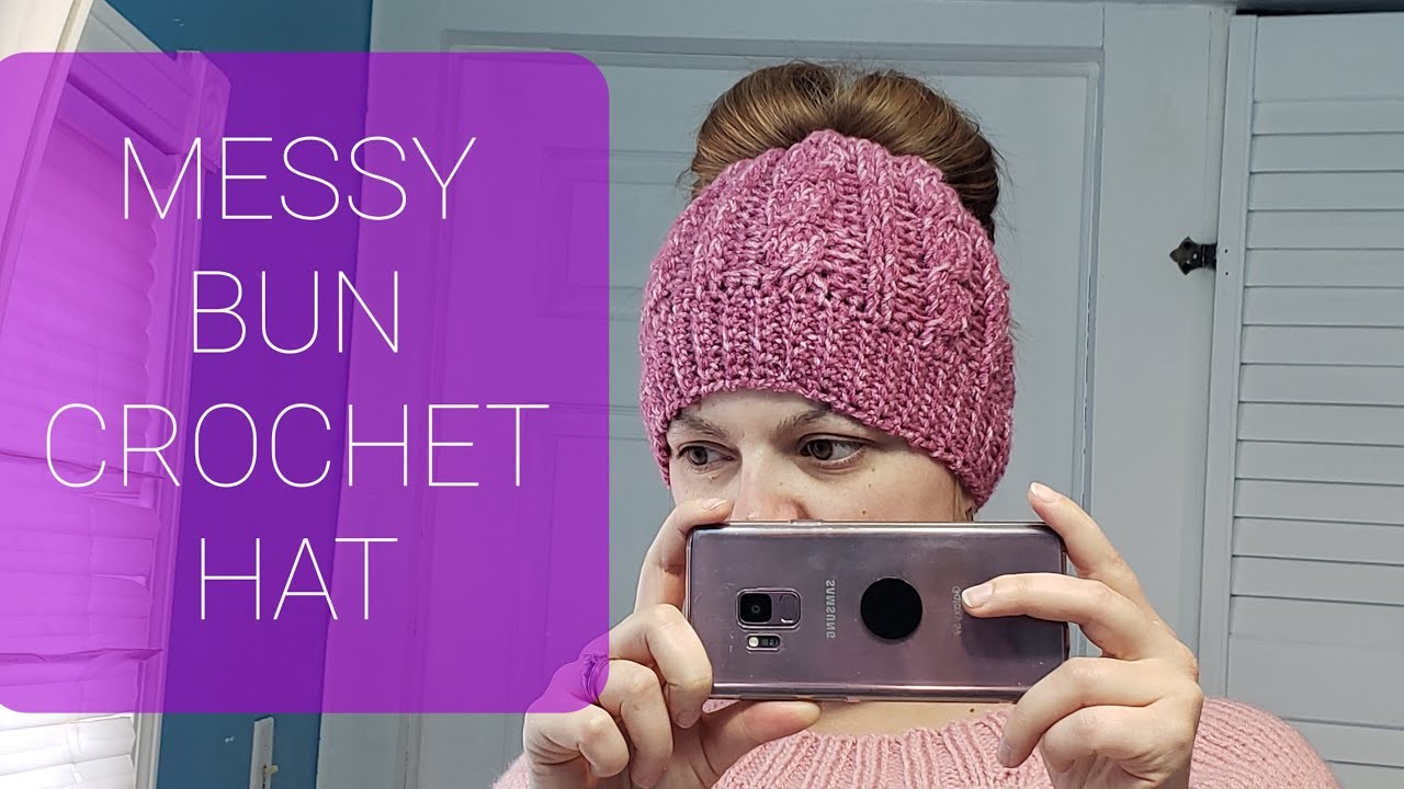 How to crochet messy bun ponytail cabled hat beanie