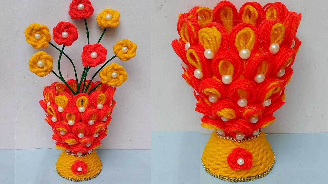 Plastic bottle vase Craft idea.Diy new Design Wool flower vase.Wool se Guldasta banane ki vidhi
