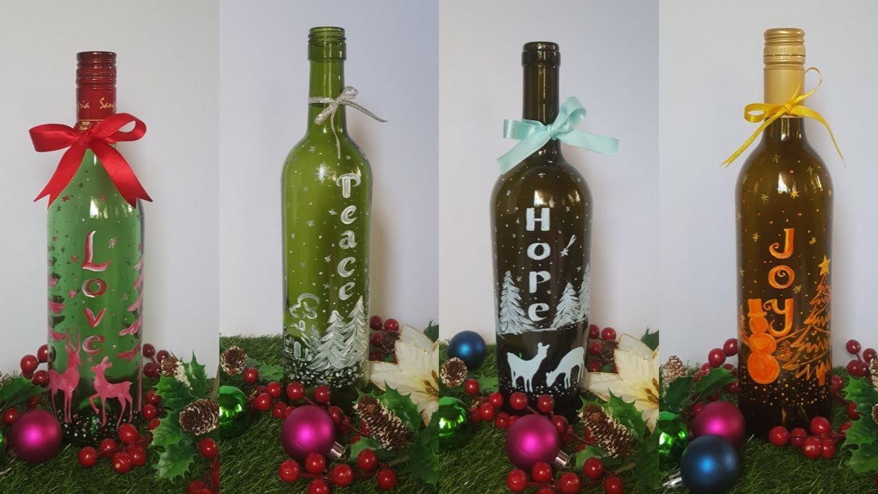 4 Easy and Simple Glass Bottle Painting Ideas for Christmas and New Year! | Bottle Art for Beginners