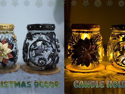 DIY Christmas décor candle holder | Poinsettia, Snowflakes & Christmas Ornaments Design | Upcycling