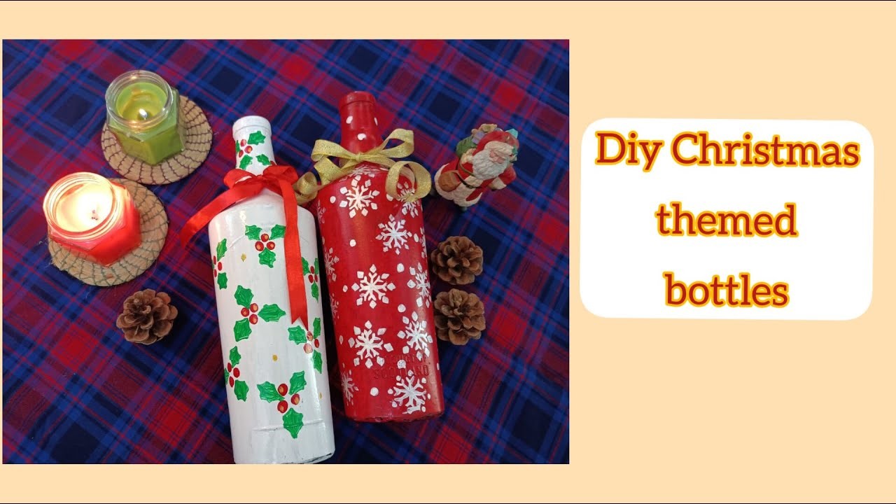 DIY CHRISTMAS THEMED BOTTLES #diycraft #christmasdecor #bottleart #festivedecor #handpaintedbottles