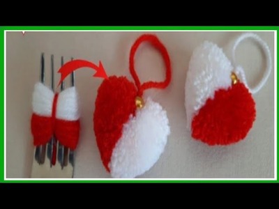 Easy Pom Pom Heart Making Idea with Fork - Amazing Valentine's Day Crafts How to Make Yarn Heart