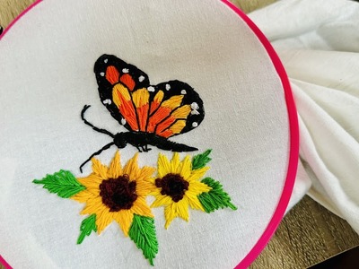 Sunflowers 3D ????  butterfly ???? hand embroidery ???? design #stitch #craft #design #tutorial #viral