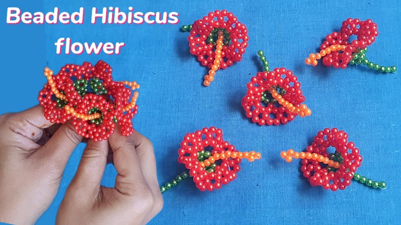 How to make Hibiscus flower with beads | DIY Pearl Beaded Flower making | Easy Beads Craft