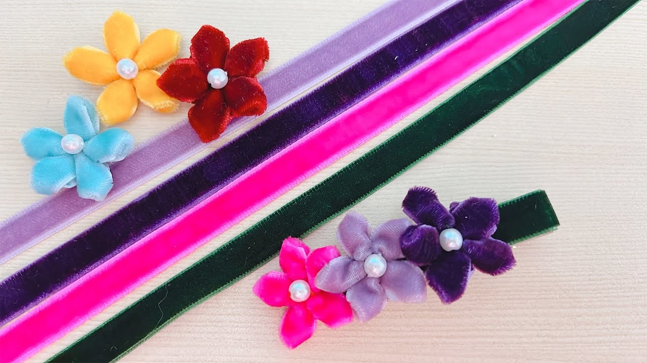 DIY, How to make Velvet Ribbon Flowers, Flower Hair Clip (246)