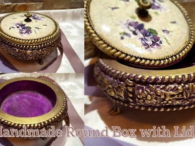 Handmade Vintage Small Round Box with Lid, Decoupage, Rice Paper with using Silicon Molds