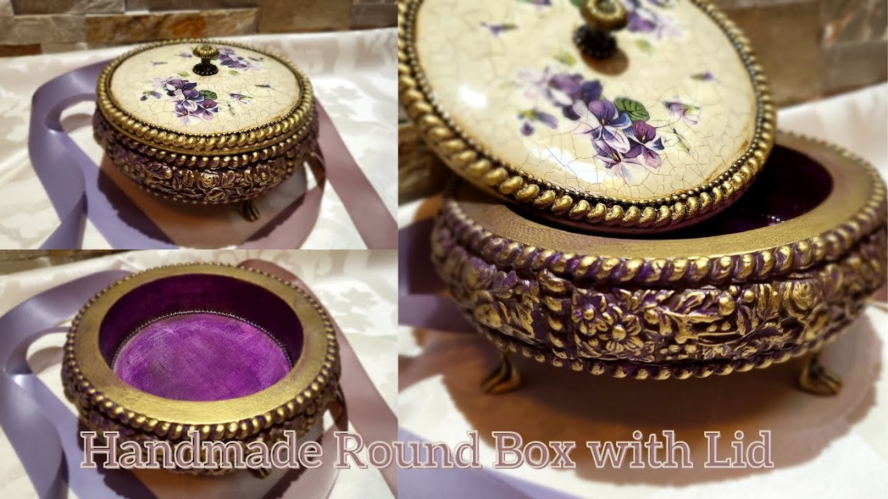Handmade Vintage Small Round Box with Lid, Decoupage, Rice Paper with using Silicon Molds