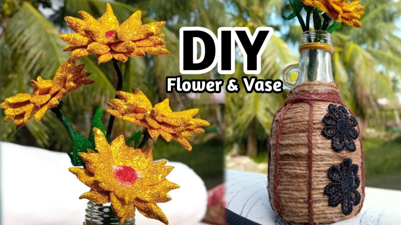 DIY Paper Flower Glitter Foam Super Easy and Recycle plastic bottles easy project