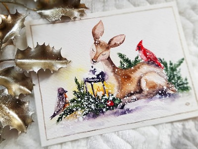 Holiday Greeting Card with Cute Deer in Watercolor | Painting Process
