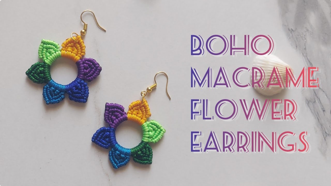 Macrame flower earrings | How to make boho macrame earrings | Macrame earings in peacock color | DIY