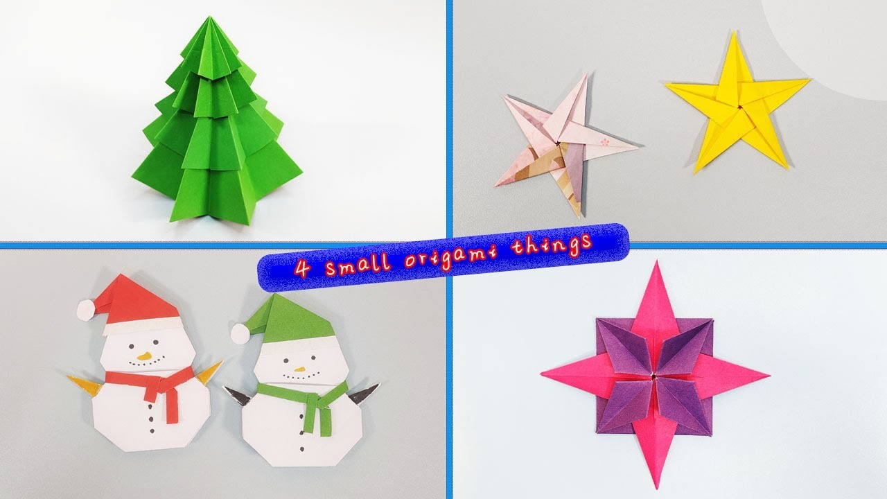 Origami Christmas tree, five-pointed star, four-pointed star, snowman