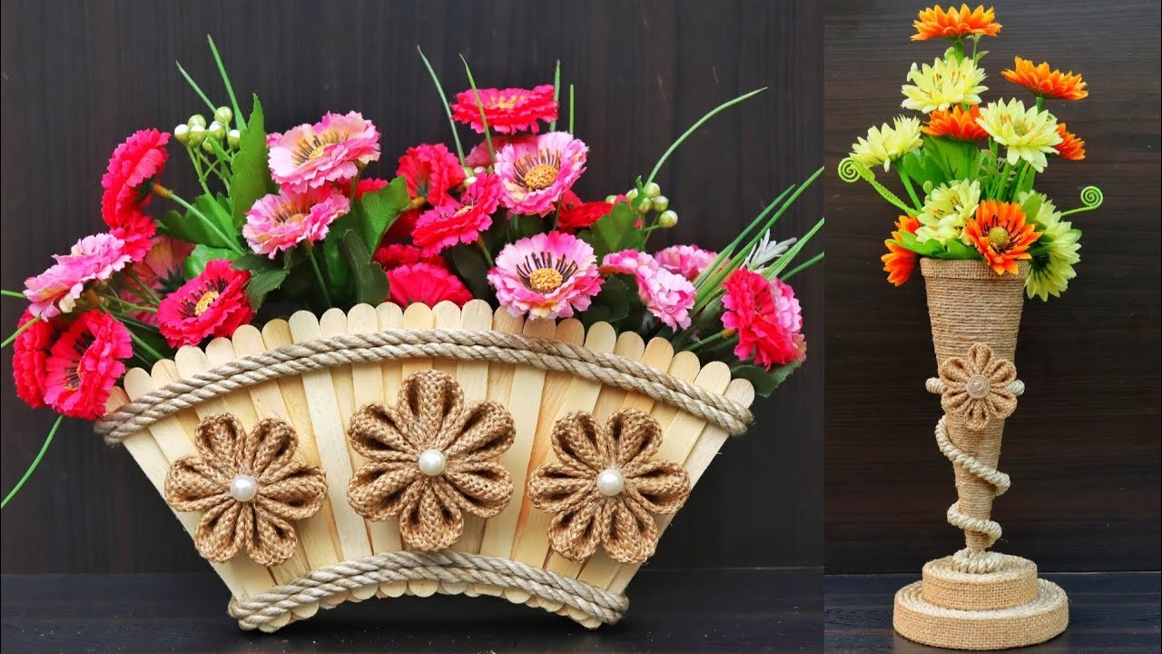 How to make flower vase with jute and popsticks | DIY Home decoration design ideas handmade