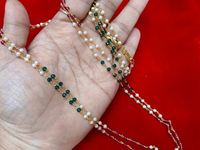 Crystal chains | kattu tiga chains | pearls chains | black beads | one gram gold jewellery | Trend