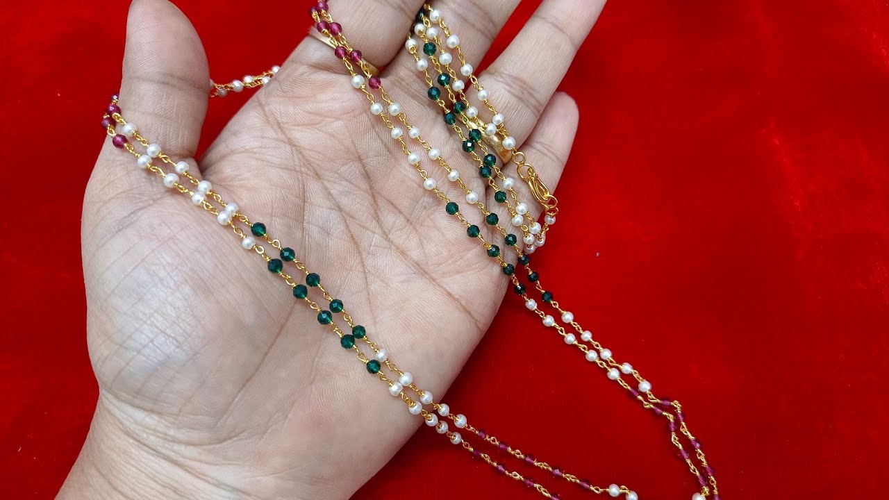 Crystal chains | kattu tiga chains | pearls chains | black beads | one gram gold jewellery | Trend