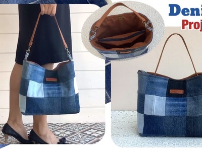 Diy a denim tote bag with zipper and compartments tutorial, sewing diy tote bag with compartments