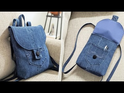 DIY Simple No Zipper Flap Over Denim Backpack Out of Old Jeans | Bag Tutorial | Upcycle Craft