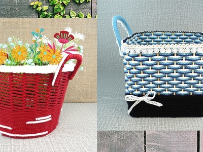 Used Cardboard Boxes And Plastic Bottles To Recycle Into Baskets. Diy Storage Basket At Home