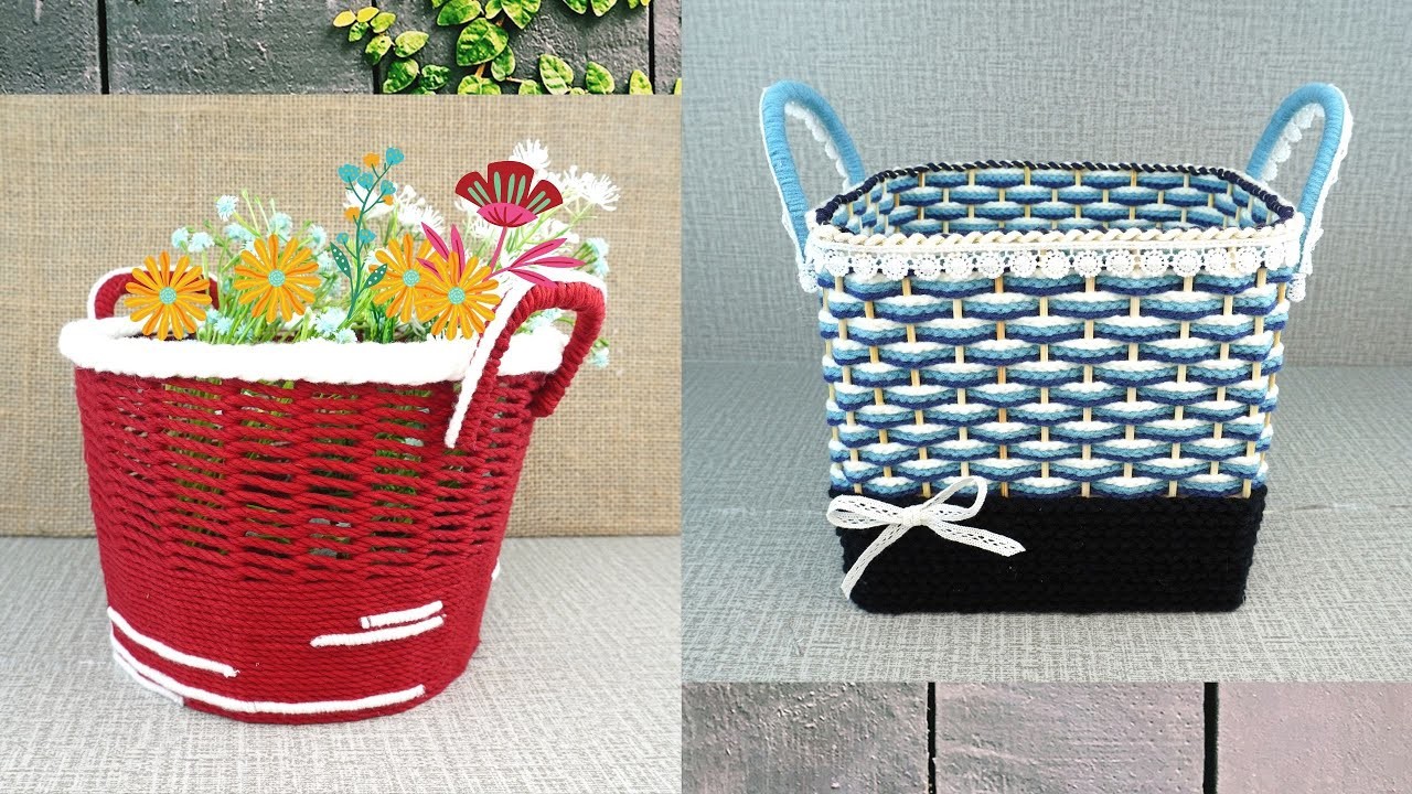 Used Cardboard Boxes And Plastic Bottles To Recycle Into Baskets. Diy Storage Basket At Home
