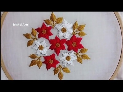 Hand Embroidery: Flower Design.  Satin Stitch, French Knot stitch