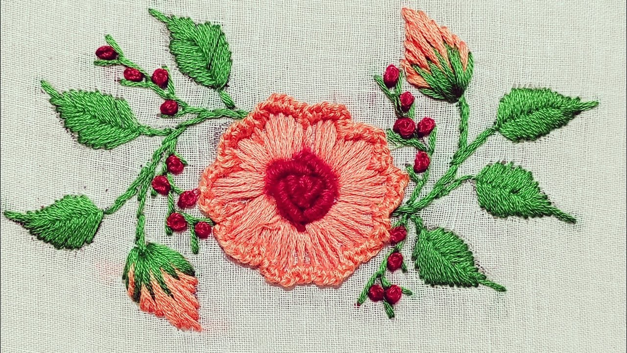 Hand Embroidery :Flower Design.Blanket Stitch. Bullion Knot Rose