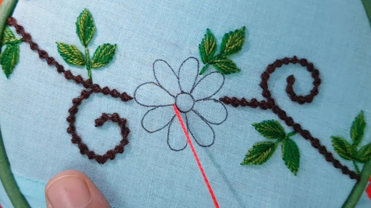 Hand Embroidery, Flower Embroidery Tutorial, Easy Flower Borderline Embroidery Design For Dress
