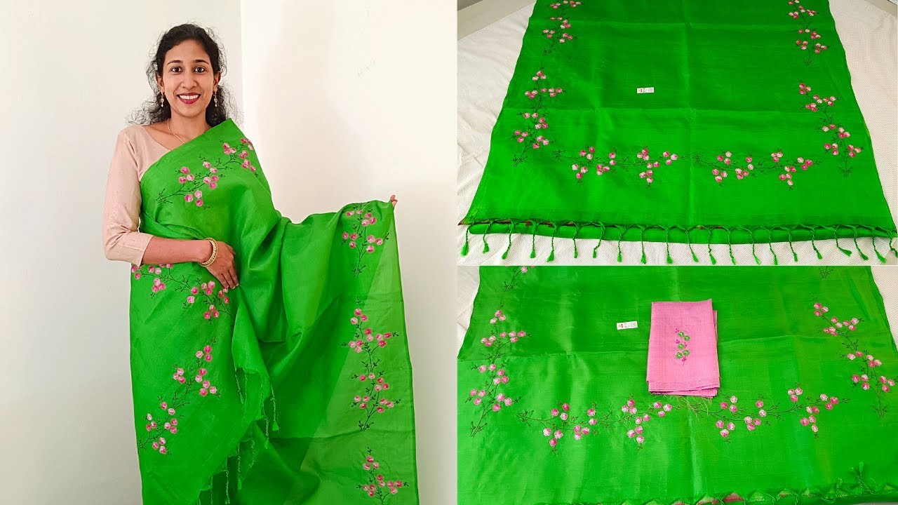 Hand Embroidery on Pure Silk Saree | Party Wear Silk Saree With Blouse Piece | Full length embroided