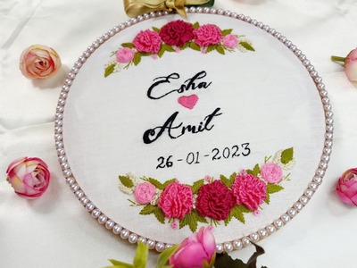 Hand Embroidery Wedding Hoop Art with Bride, Groom Name with Floral bunch | Personalized Gift