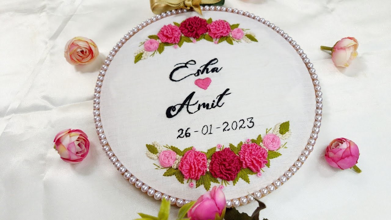 Hand Embroidery Wedding Hoop Art with Bride, Groom Name with Floral bunch | Personalized Gift