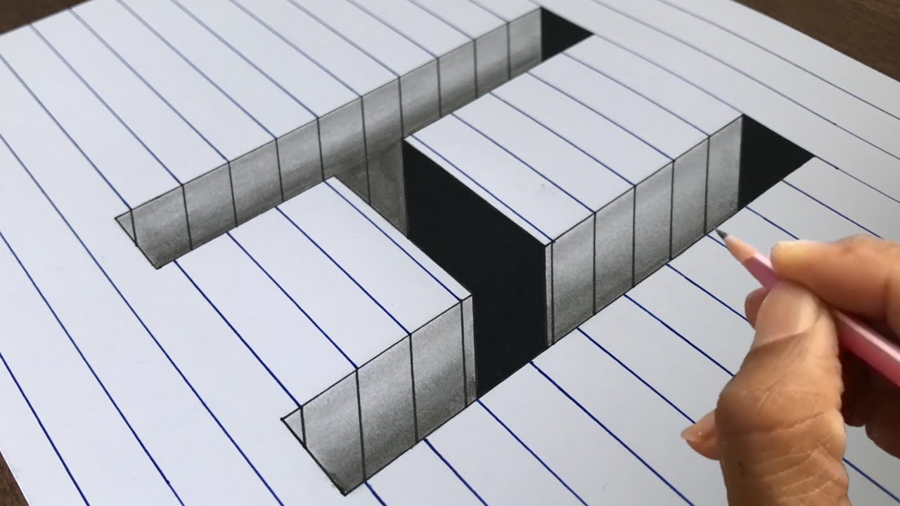 How to Draw Letter H in 3D Alphabet Drawing on Line Paper