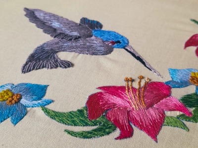 Long and short Stiches design with humming Bird for bed sheet design Hand Embroidery