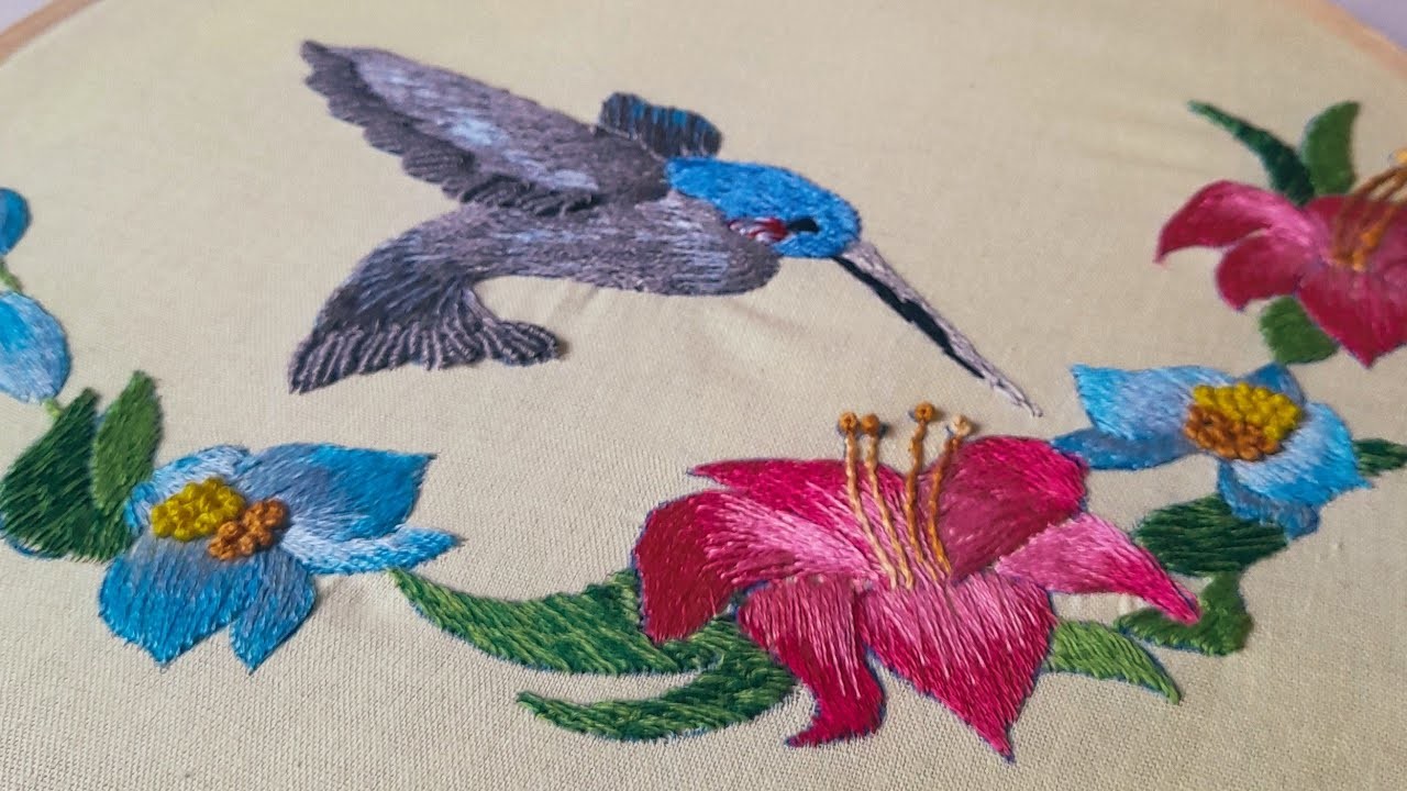 Long and short Stiches design with humming Bird for bed sheet design Hand Embroidery