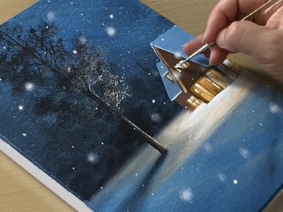 Painting a Snowy Winter Night. Acrylic Painting for Beginners