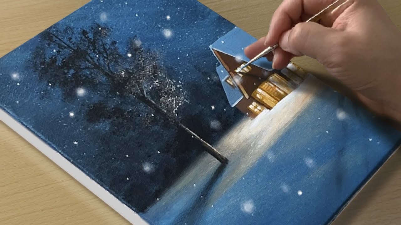 Painting a Snowy Winter Night. Acrylic Painting for Beginners