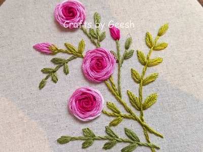 Rose hand Embroidery for beginners - How to Stitch Roses with Stem stitch Tutorial - lesson 51