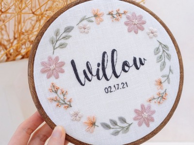 Simple hand embroidery design for beginners - Modern pastel flowers & letters embroidery pattern